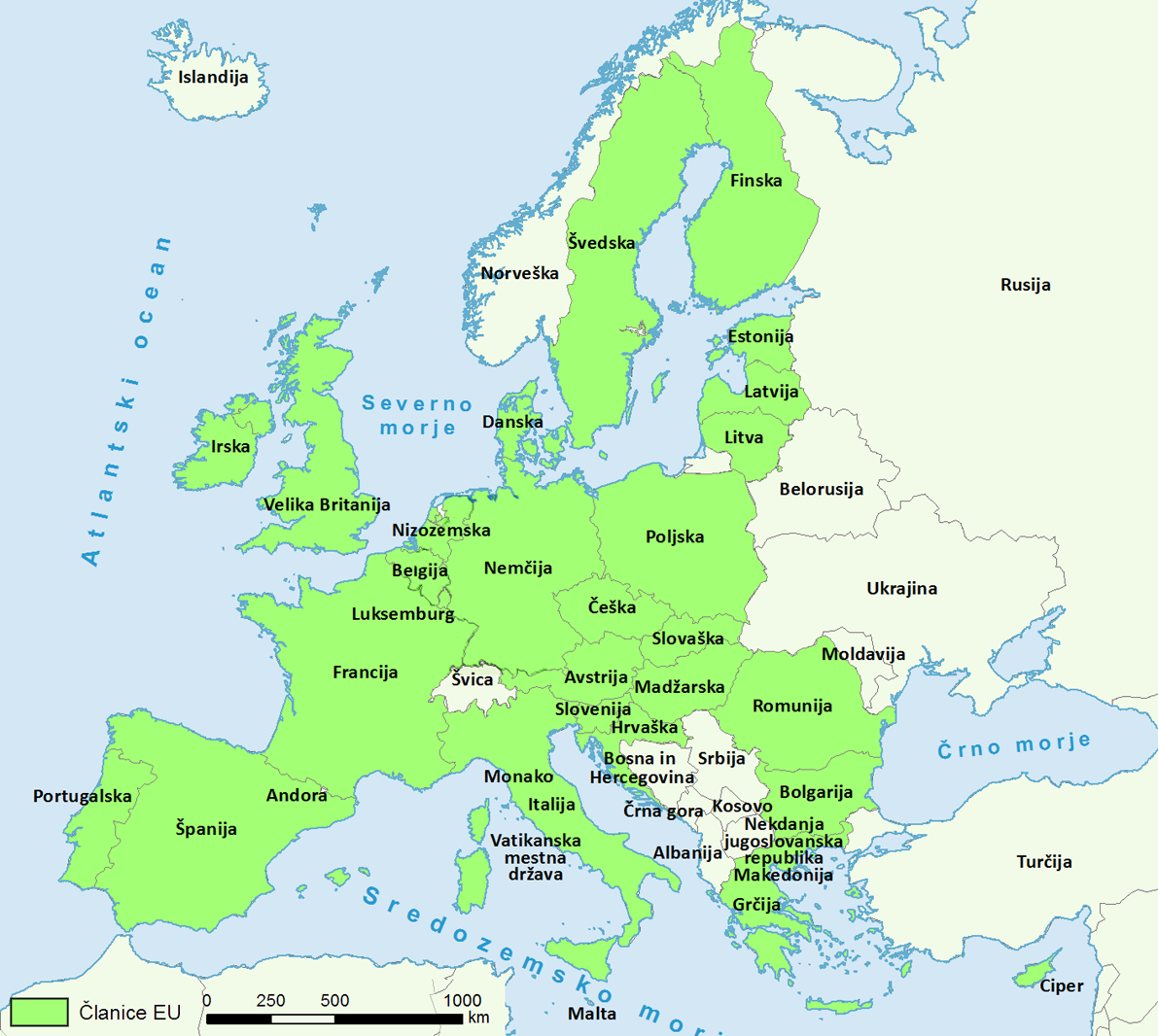 Zemljevid Evrope in članic EU